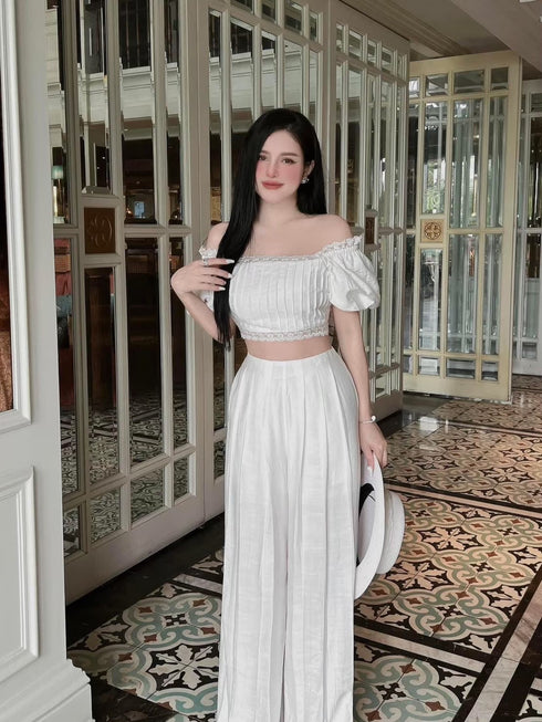 Two Piece Cropped Puff Sleeve Top with Trouser